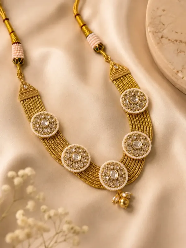 premium artificial necklace set for wedding wear – Kanakprabha Layered Medallion Necklace & Jhumka Set, additional product view 4
