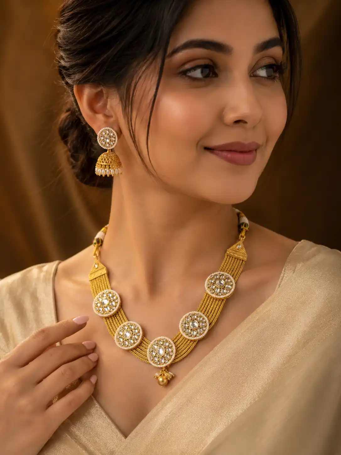 antique kundan necklace set for women – Kanakprabha Layered Medallion Necklace & Jhumka Set, additional product view 5