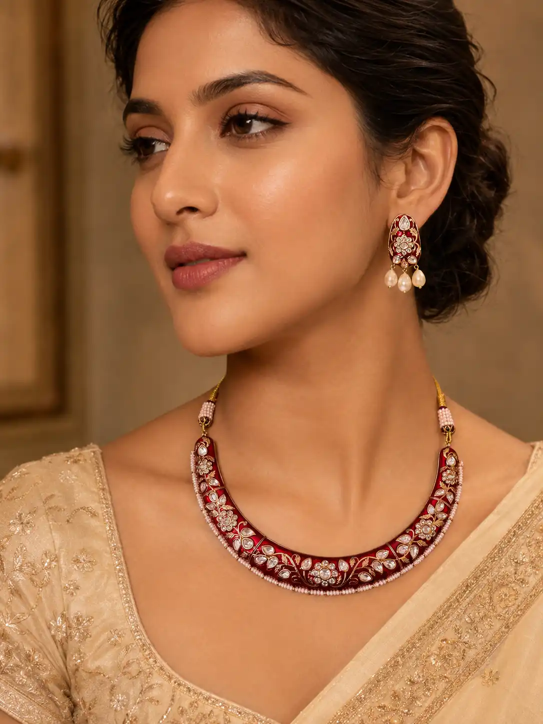 mahal red floral collar necklace set for wedding and festive wear – Surkh Mahal Red Floral Collar Necklace Set, additional product view 3