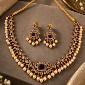 midnight blue and pearl-style drop necklace set – Neelratna Midnight Blue & Pearl-Style Drop Necklace Set
