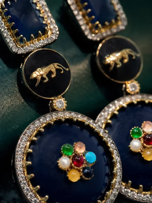 kundan style statement earrings for women – Nisha Royale Midnight Blue Panther Earrings, additional product view 2