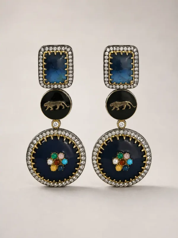 premium artificial earrings for wedding wear – Nisha Royale Midnight Blue Panther Earrings, additional product view 4