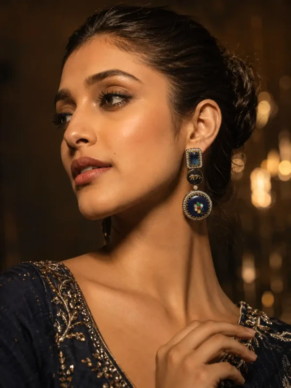 premium artificial earrings for wedding wear – Nisha Royale Midnight Blue Panther Earrings, additional product view 7