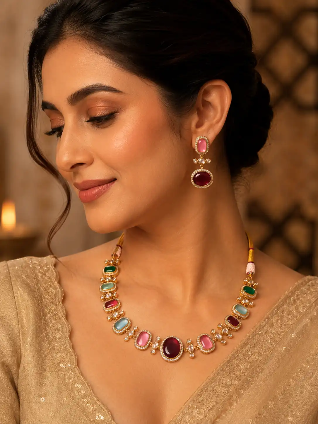 multicolour accent necklace set for wedding and festive wear – Rangmahal Multicolour Accent Necklace Set, additional product view 3