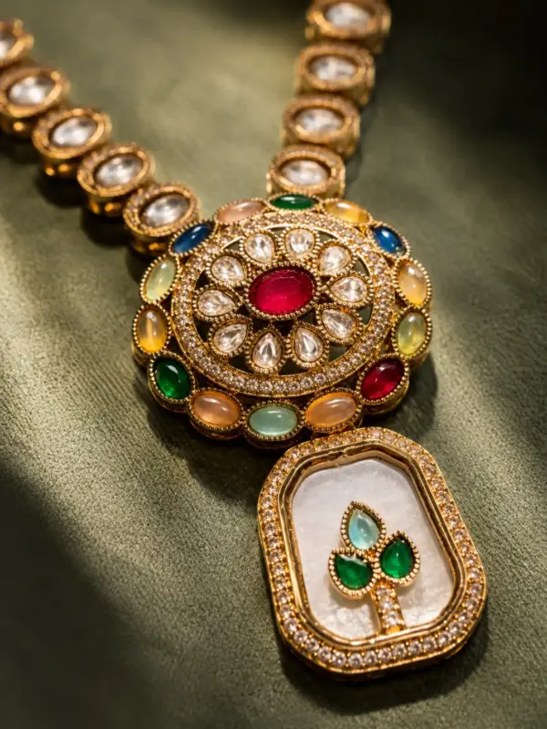 antique kundan necklace set for women – Rajrang Multicolour Medallion & Ivory Pendant Necklace Set, additional product view 2