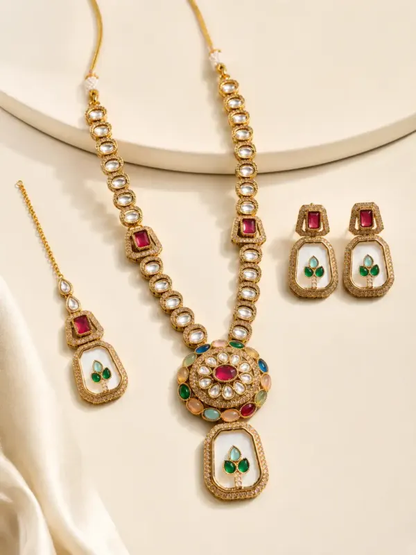 premium artificial necklace set for wedding wear – Rajrang Multicolour Medallion & Ivory Pendant Necklace Set, additional product view 4