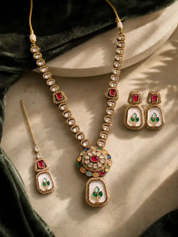 multicolour medallion and ivory pendant necklace set for wedding and festive wear – Rajrang Multicolour Medallion & Ivory Pendant Necklace Set…