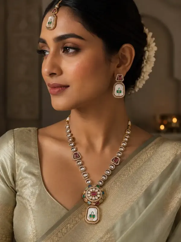 premium artificial necklace set for wedding wear – Rajrang Multicolour Medallion & Ivory Pendant Necklace Set, additional product view 7