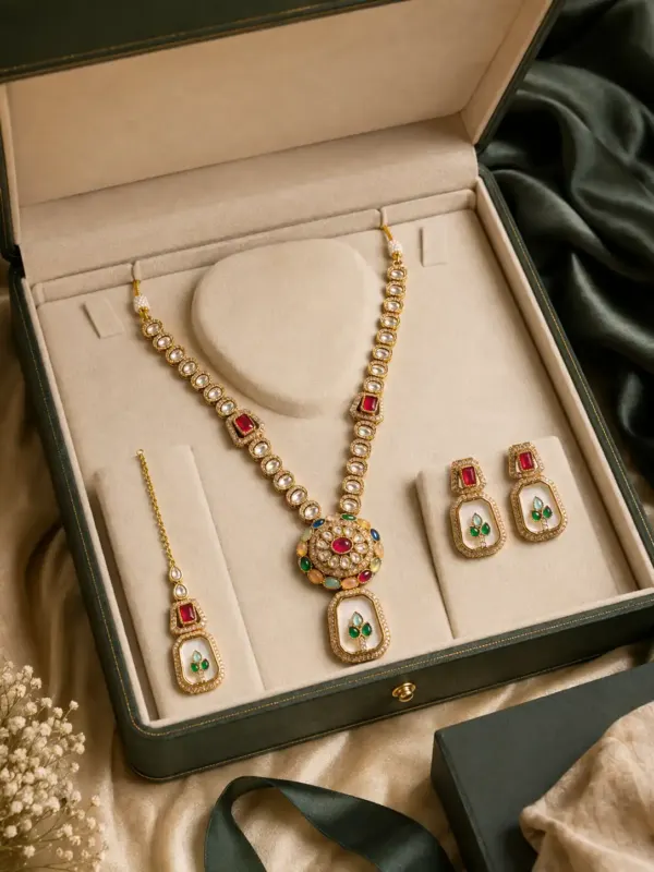 antique kundan necklace set for women – Rajrang Multicolour Medallion & Ivory Pendant Necklace Set, additional product view 8