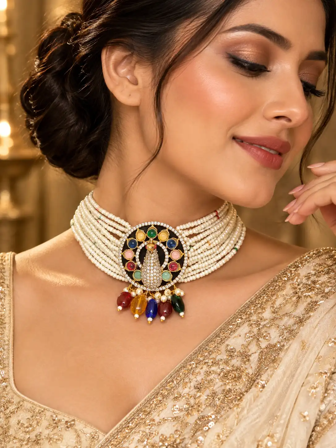 pearl choker necklace set for women – Rajmayur Navrang Pearl Heritage Choker Set, additional product view 8