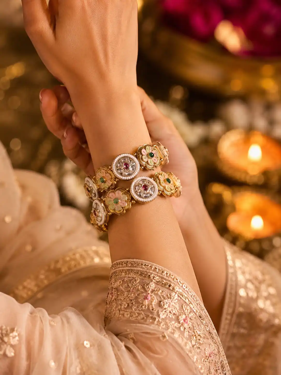 kundan heritage kada bangles for women – Meher Bagh Pastel Floral Kada Pair, additional product view 8