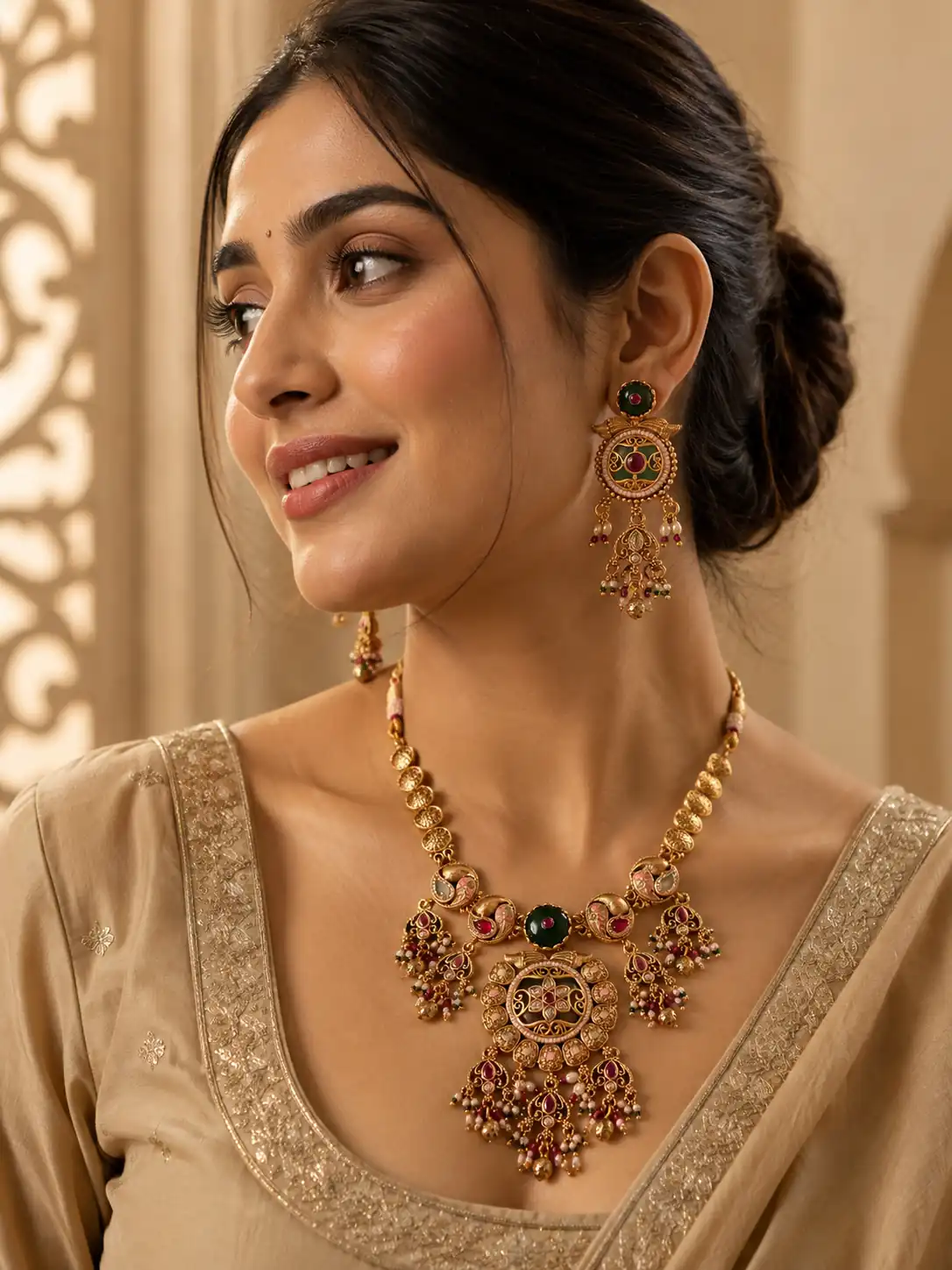 antique kundan necklace set for women – Rangmahal Pastel Scroll Medallion Necklace Set, additional product view 5