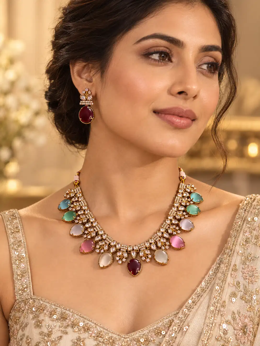 pastel teardrop necklace set for wedding and festive wear – Rangmahal Pastel Teardrop Necklace Set, additional product view 3