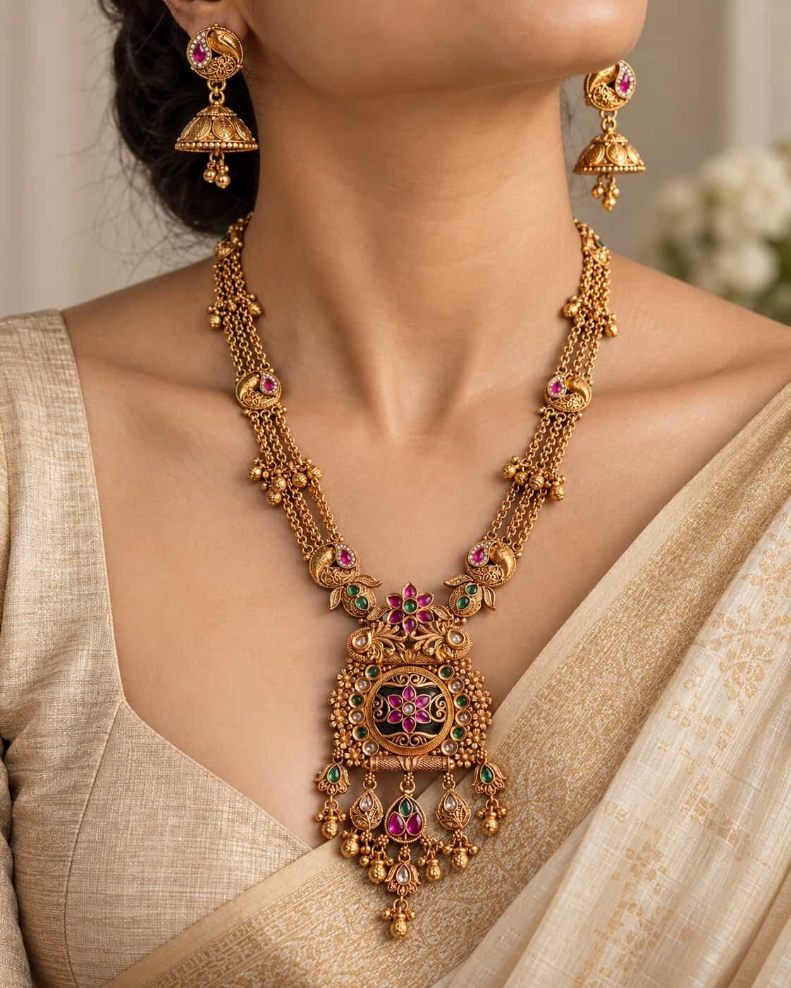 peacock chain rani haar and jhumka set for wedding and festive wear – Mayurshree Peacock Chain Rani Haar & Jhumka Set, additional product view 3