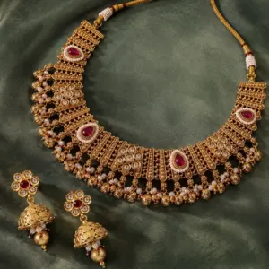 pink accent fringed necklace and jhumka set – Rajrani Pink Accent Fringed Necklace & Jhumka Set