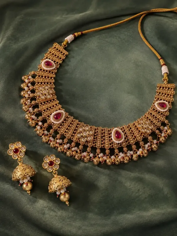 pink accent fringed necklace and jhumka set – Rajrani Pink Accent Fringed Necklace & Jhumka Set