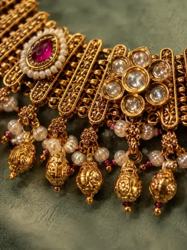 antique kundan necklace set for women – Rajrani Pink Accent Fringed Necklace & Jhumka Set, additional product view 2