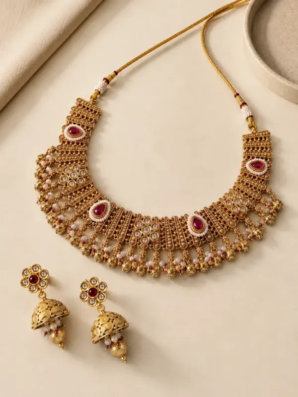 pink accent fringed necklace and jhumka set for wedding and festive wear – Rajrani Pink Accent Fringed Necklace & Jhumka Set, additional product…