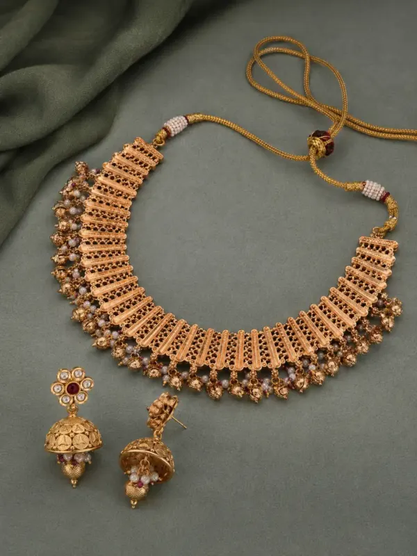 premium artificial necklace set for wedding wear – Rajrani Pink Accent Fringed Necklace & Jhumka Set, additional product view 4