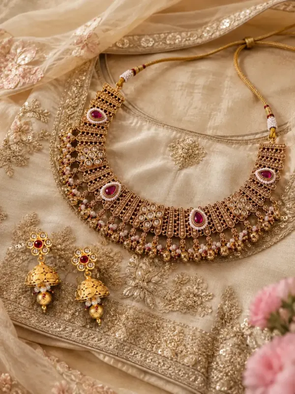 pink accent fringed necklace and jhumka set for wedding and festive wear – Rajrani Pink Accent Fringed Necklace & Jhumka Set, additional product…