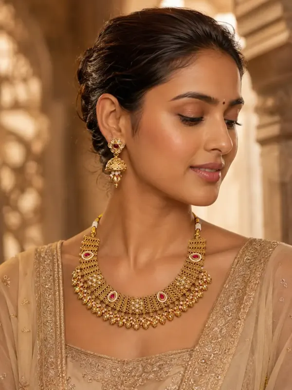 premium artificial necklace set for wedding wear – Rajrani Pink Accent Fringed Necklace & Jhumka Set, additional product view 7