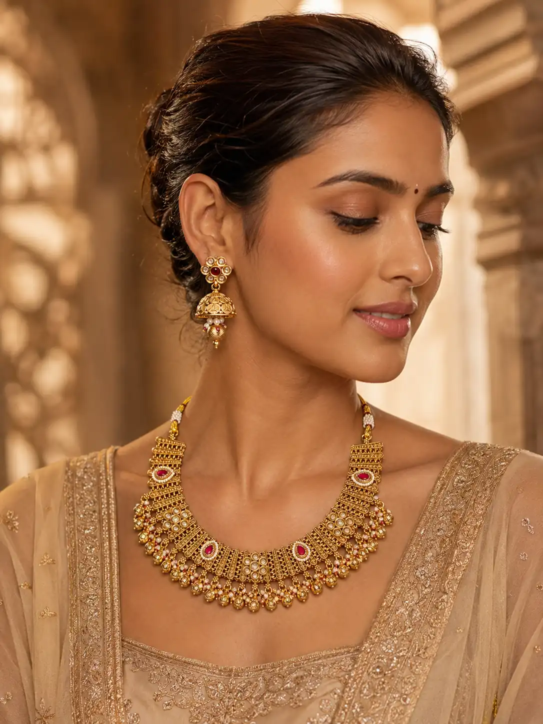 premium artificial necklace set for wedding wear – Rajrani Pink Accent Fringed Necklace & Jhumka Set, additional product view 7