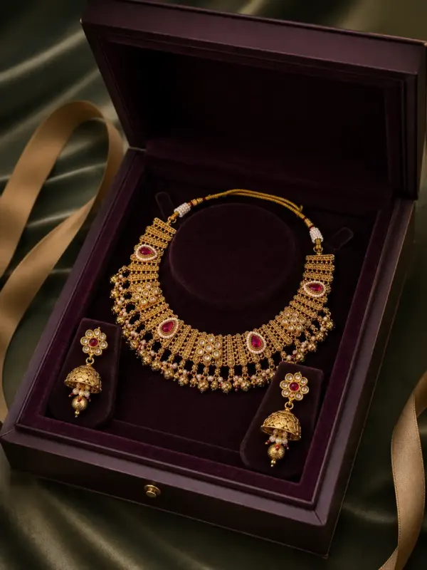 antique kundan necklace set for women – Rajrani Pink Accent Fringed Necklace & Jhumka Set, additional product view 8