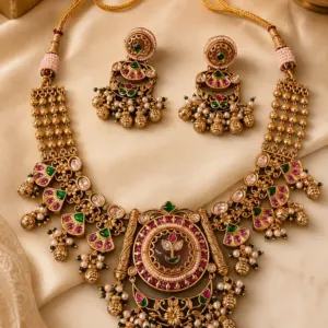 pink and green floral necklace set – Padmavalli Pink & Green Floral Necklace Set