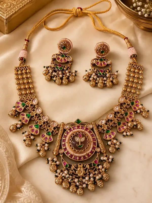 pink and green floral necklace set – Padmavalli Pink & Green Floral Necklace Set