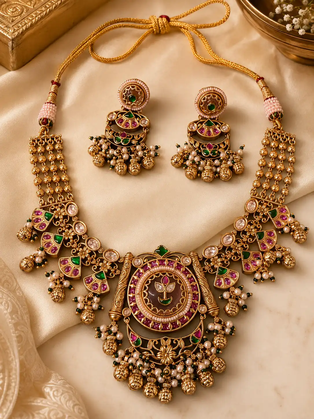 padmavalli-pink-green-floral-necklace-set