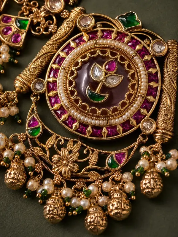 antique kundan necklace set for women – Padmavalli Pink & Green Floral Necklace Set, additional product view 2
