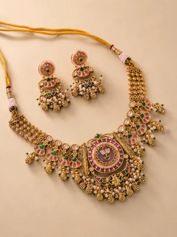 premium artificial necklace set for wedding wear – Padmavalli Pink & Green Floral Necklace Set, additional product view 4