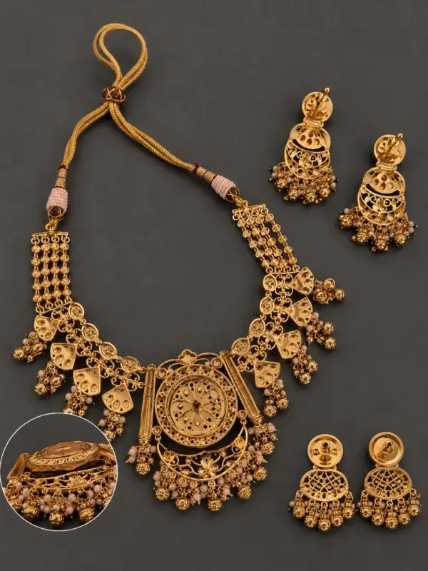 antique kundan necklace set for women – Padmavalli Pink & Green Floral Necklace Set, additional product view 5
