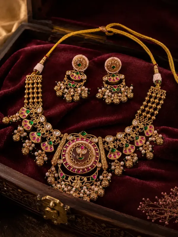 pink and green floral necklace set for wedding and festive wear – Padmavalli Pink & Green Floral Necklace Set, additional product view 6