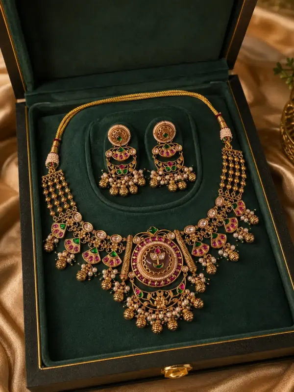 premium artificial necklace set for wedding wear – Padmavalli Pink & Green Floral Necklace Set, additional product view 7