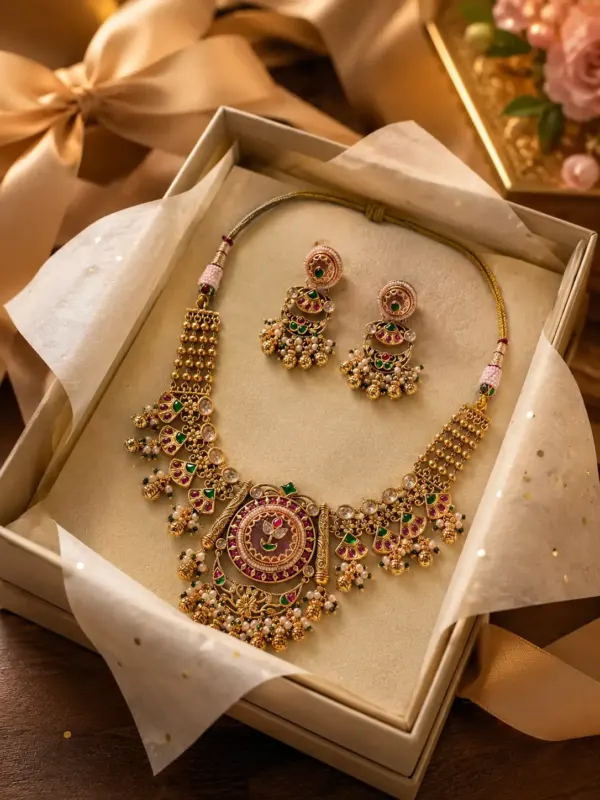 antique kundan necklace set for women – Padmavalli Pink & Green Floral Necklace Set, additional product view 8