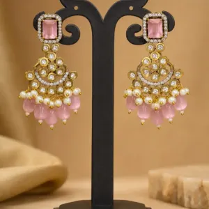 pink beaded chandbali earrings – Gulabi Meher Pink Beaded Chandbali Earrings