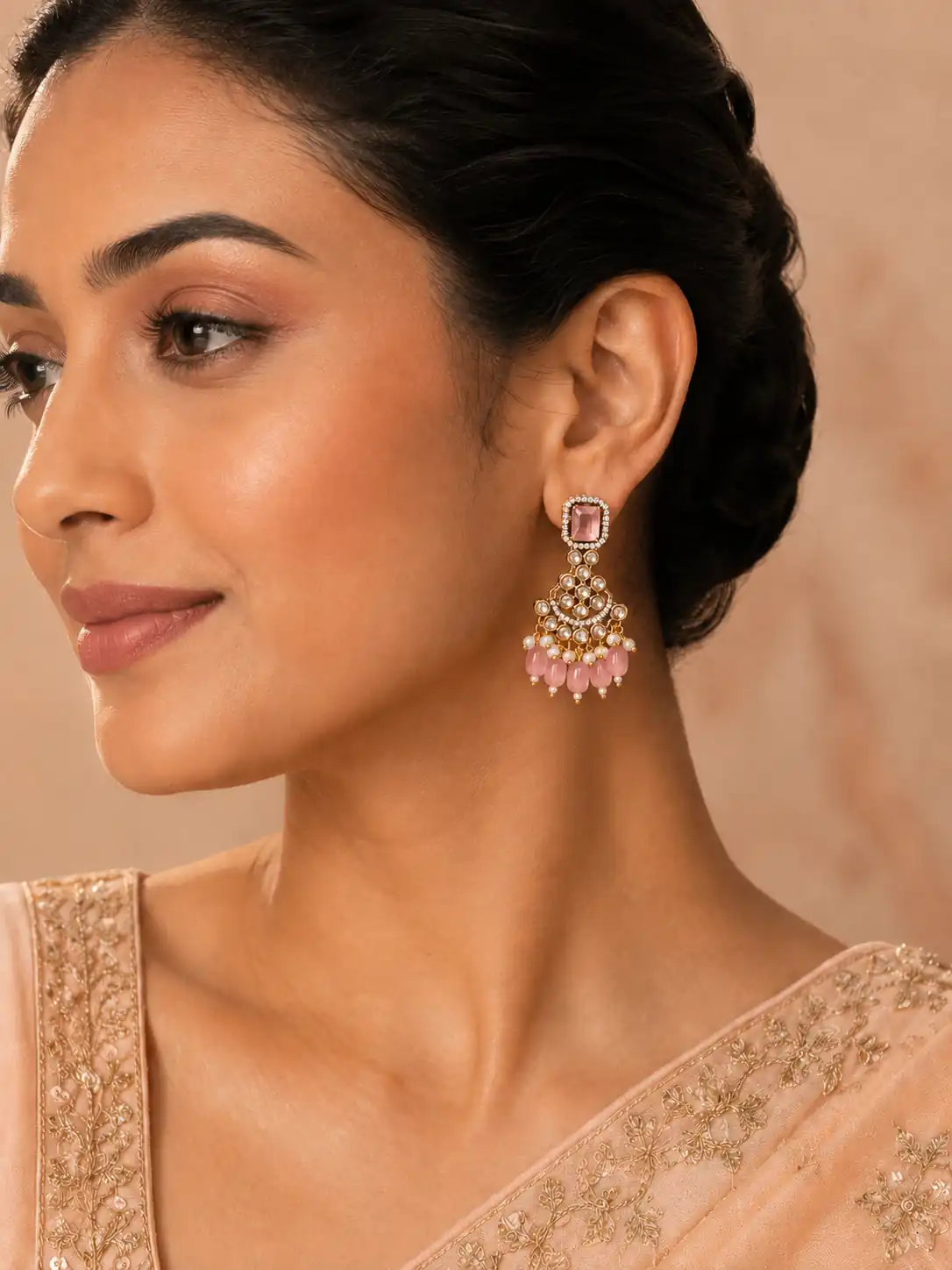 kundan style chandbali earrings for women – Gulabi Meher Pink Beaded Chandbali Earrings, additional product view 8