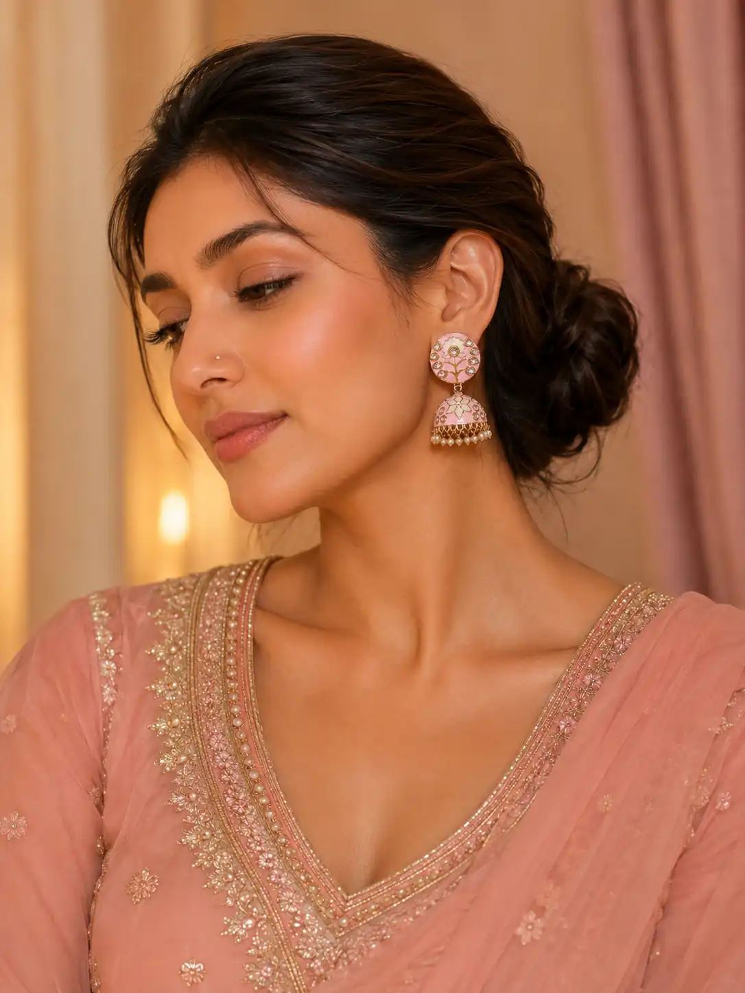 premium artificial earrings for wedding wear – Gulabi Meher Pink Floral Jhumka Earrings, additional product view 7