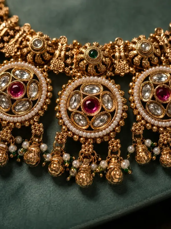 polki style necklace set for wedding wear – Rajkamal Pink Floral Medallion Necklace Set, additional product view 2