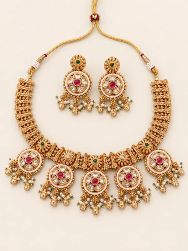 pink floral medallion necklace set for wedding and festive wear – Rajkamal Pink Floral Medallion Necklace Set, additional product view 3