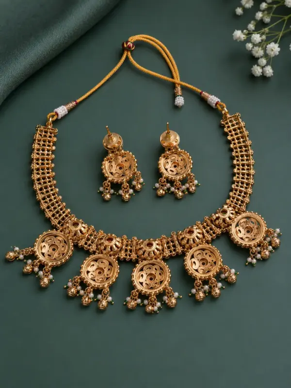 premium artificial necklace set for wedding wear – Rajkamal Pink Floral Medallion Necklace Set, additional product view 4