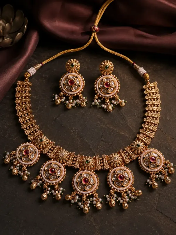 polki style necklace set for wedding wear – Rajkamal Pink Floral Medallion Necklace Set, additional product view 5
