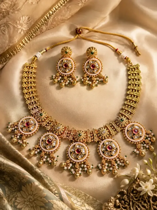pink floral medallion necklace set for wedding and festive wear – Rajkamal Pink Floral Medallion Necklace Set, additional product view 6