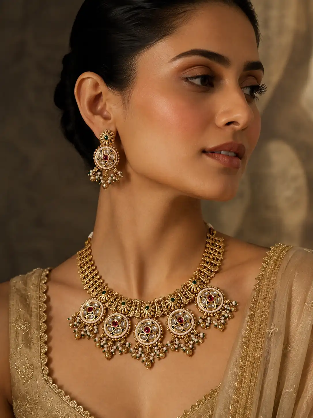 premium artificial necklace set for wedding wear – Rajkamal Pink Floral Medallion Necklace Set, additional product view 7