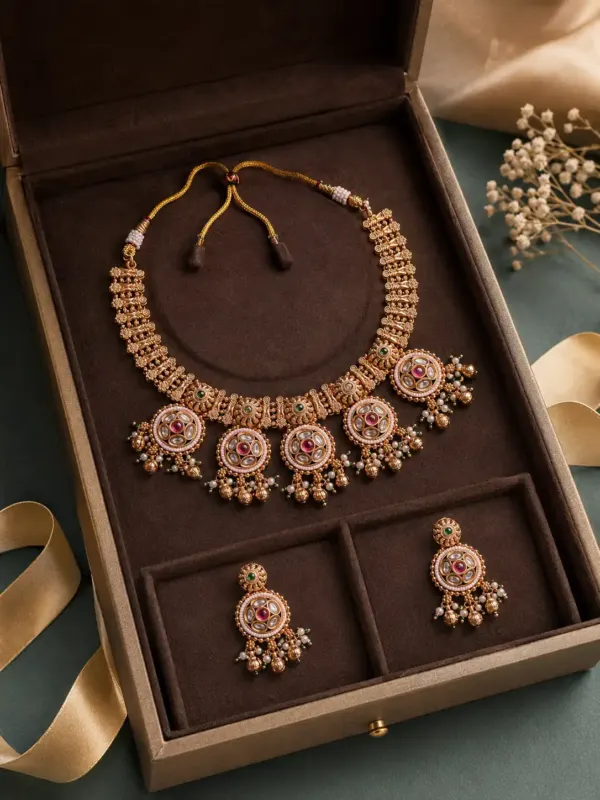 polki style necklace set for wedding wear – Rajkamal Pink Floral Medallion Necklace Set, additional product view 8
