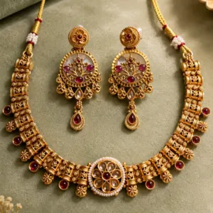 pink floral temple style necklace set – Rajvanshi Pink Floral Temple-Style Necklace Set