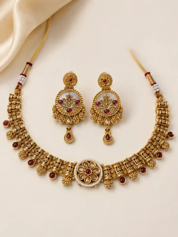 premium artificial necklace set for wedding wear – Rajvanshi Pink Floral Temple-Style Necklace Set, additional product view 4