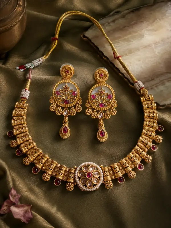 pink floral temple style necklace set for wedding and festive wear – Rajvanshi Pink Floral Temple-Style Necklace Set, additional product view 6