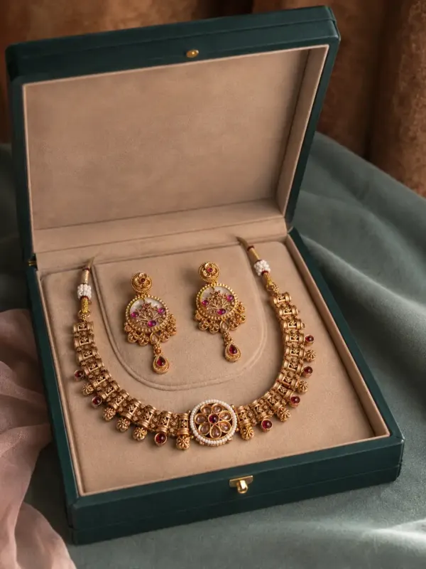 premium artificial necklace set for wedding wear – Rajvanshi Pink Floral Temple-Style Necklace Set, additional product view 7